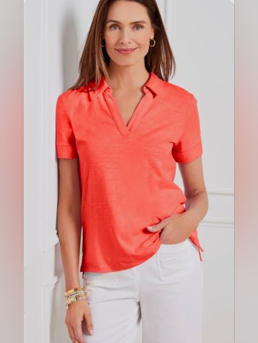 Talbots Johnny Collar Short Sleeve Roll Cuff Polo Pullover Sz Large In Coral